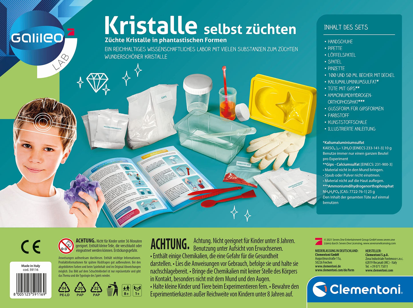 Clementoni Laboratorul Galileo – Crește cristale, set de experimente pentru micii oameni de știință, jucărie pentru copii de la 8 ani, experimente colorate pentru camera copiilor, Clementoni 59116
