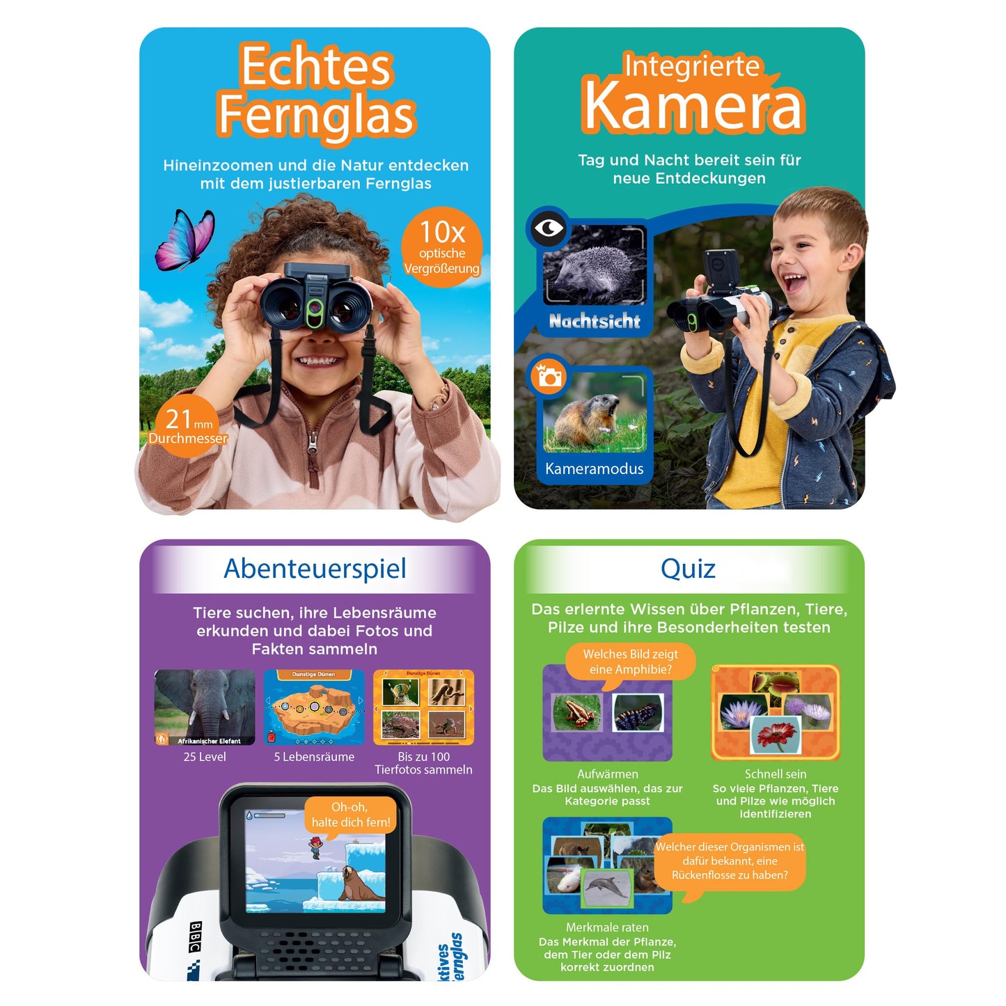 VTech Binoclu Interactiv cu Cameră – Zoom 10x și Conținut BBC pentru Explorarea Naturii – Pentru Aventurieri de 7 până la 99 de Ani