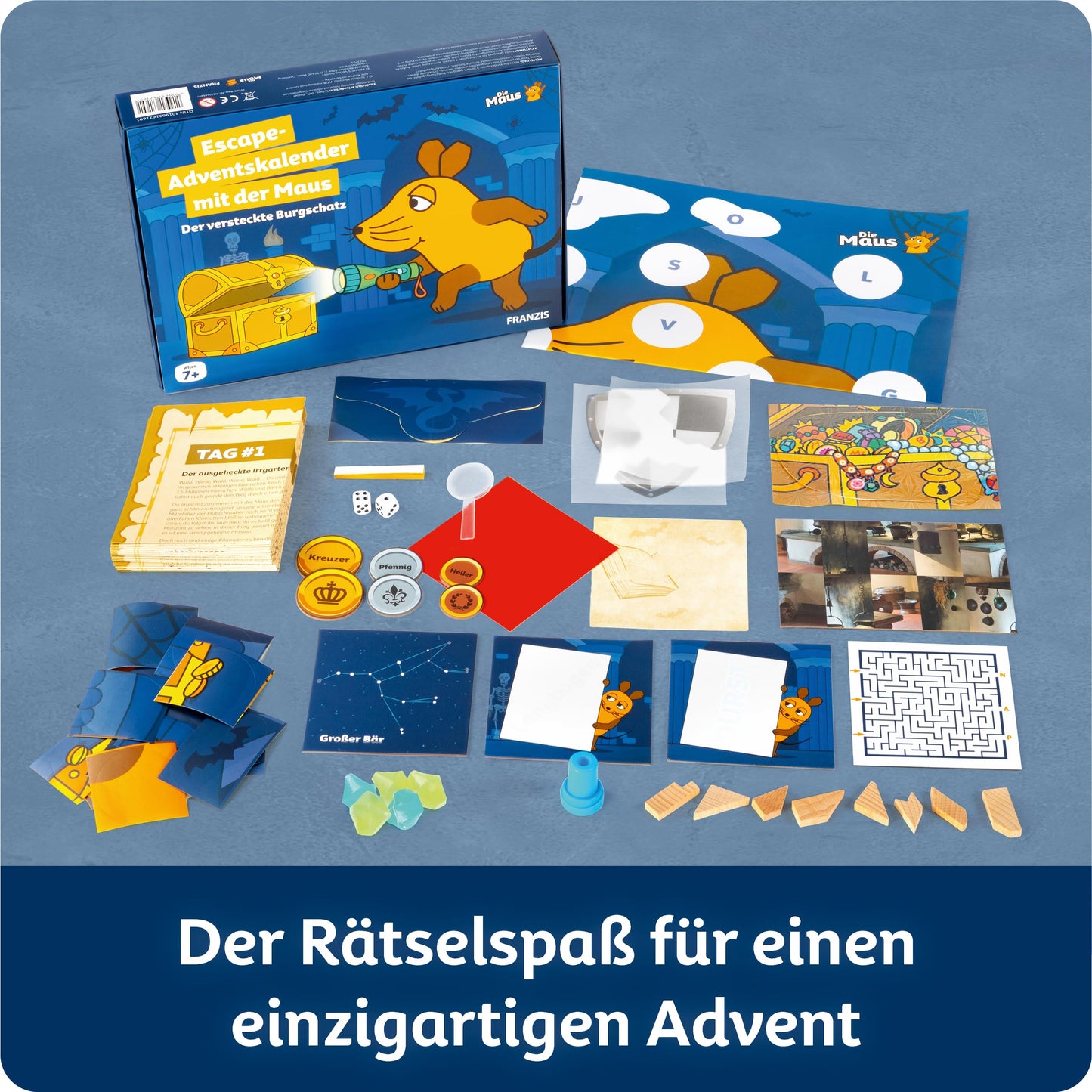 FRANZIS 67169 - Calendar de Advent Escape cu Maus - Comoara ascunsă a castelului, 24 de enigme captivante pentru perioada Adventului, pentru copii de la 7 ani.