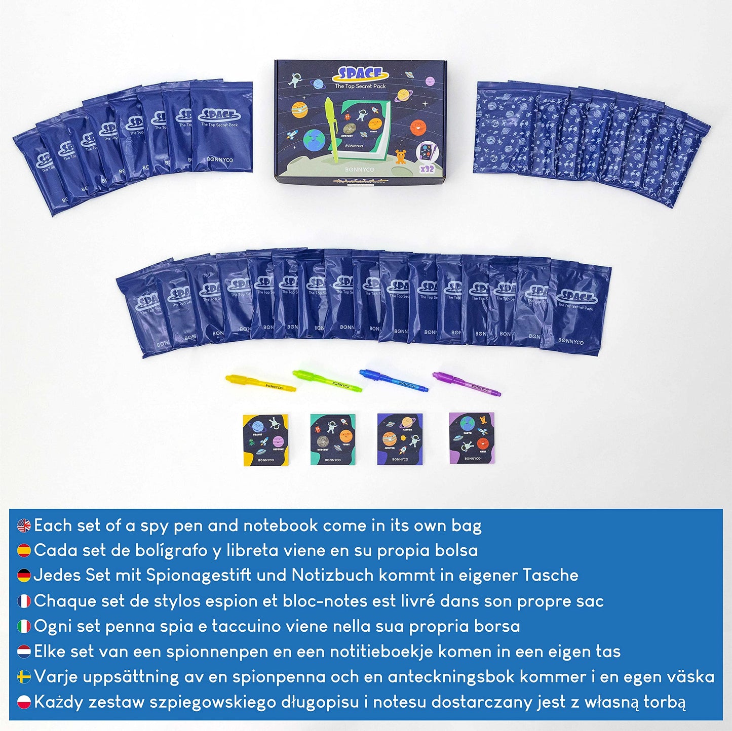 Set 32 Piese Bonnyco: Stilou UV și Caiet Spațiu pentru Petreceri Copii | Cadouri Petrecere Spațiu, Advent Calendar și Cadouri Mici pentru Copii, Decorațiuni de Naștere Astronaut