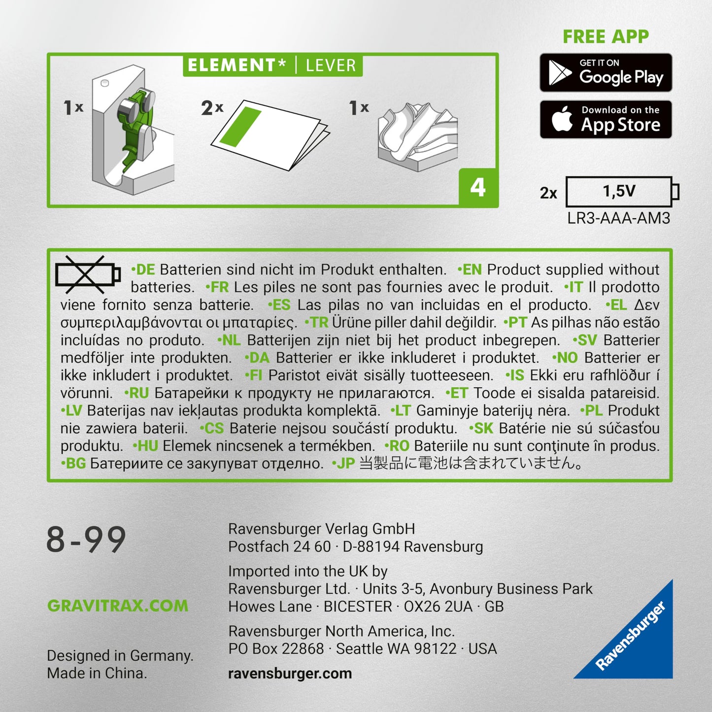 Ravensburger GraviTrax Power Element Lever 26186 - extensie electronică pentru pista cu bile - jucărie de construcție pentru copii de la 8 ani