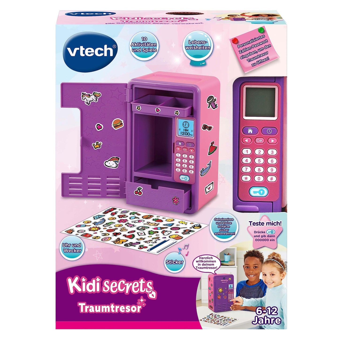 VTech Kidisecrets Traumtresor – Seif cu cod pentru păstrarea secretelor – Jocuri, muzică și autocolante – Pentru copii 6-12 ani, mov