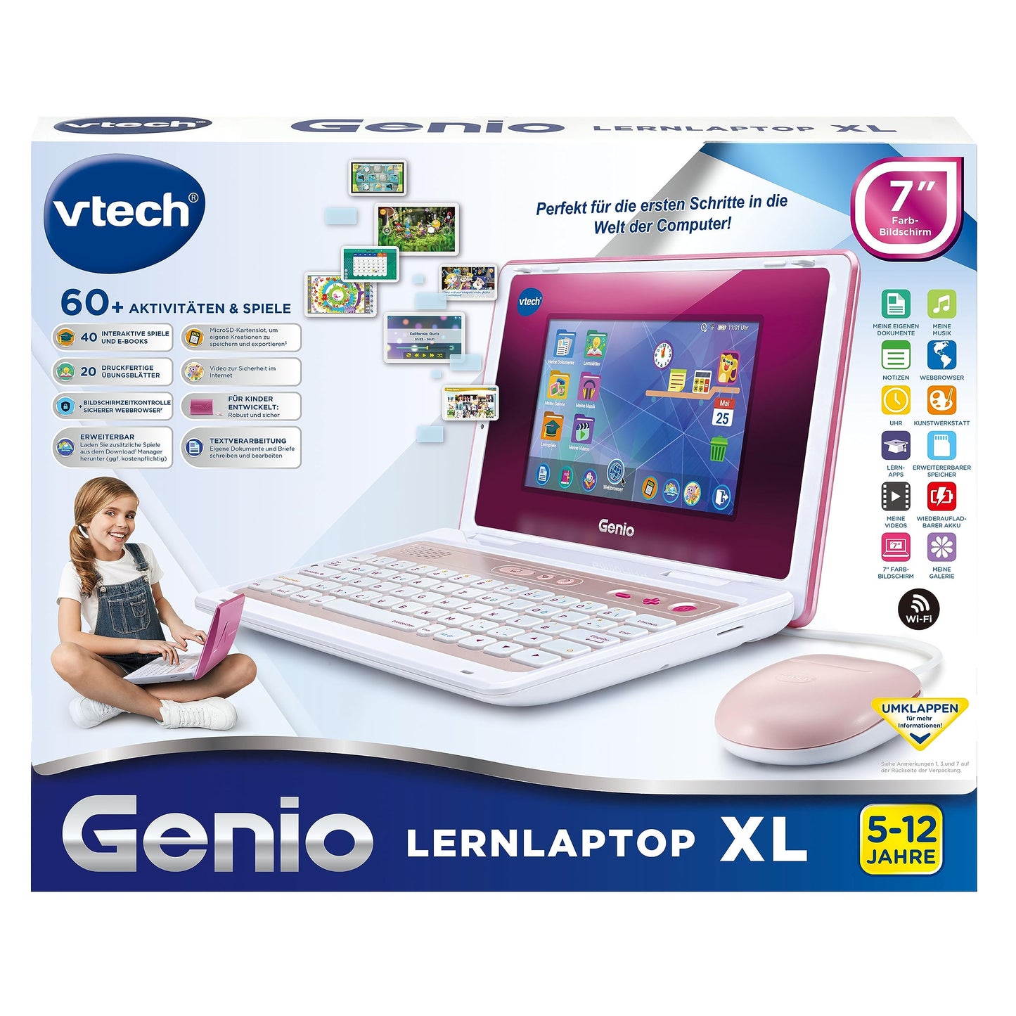 VTech Genio Laptop de Învățare XL roz – Laptop cu ecran LCD de 7" și acces la internet, program de text și multe conținuturi educaționale – Pentru copii de 5-12 ani