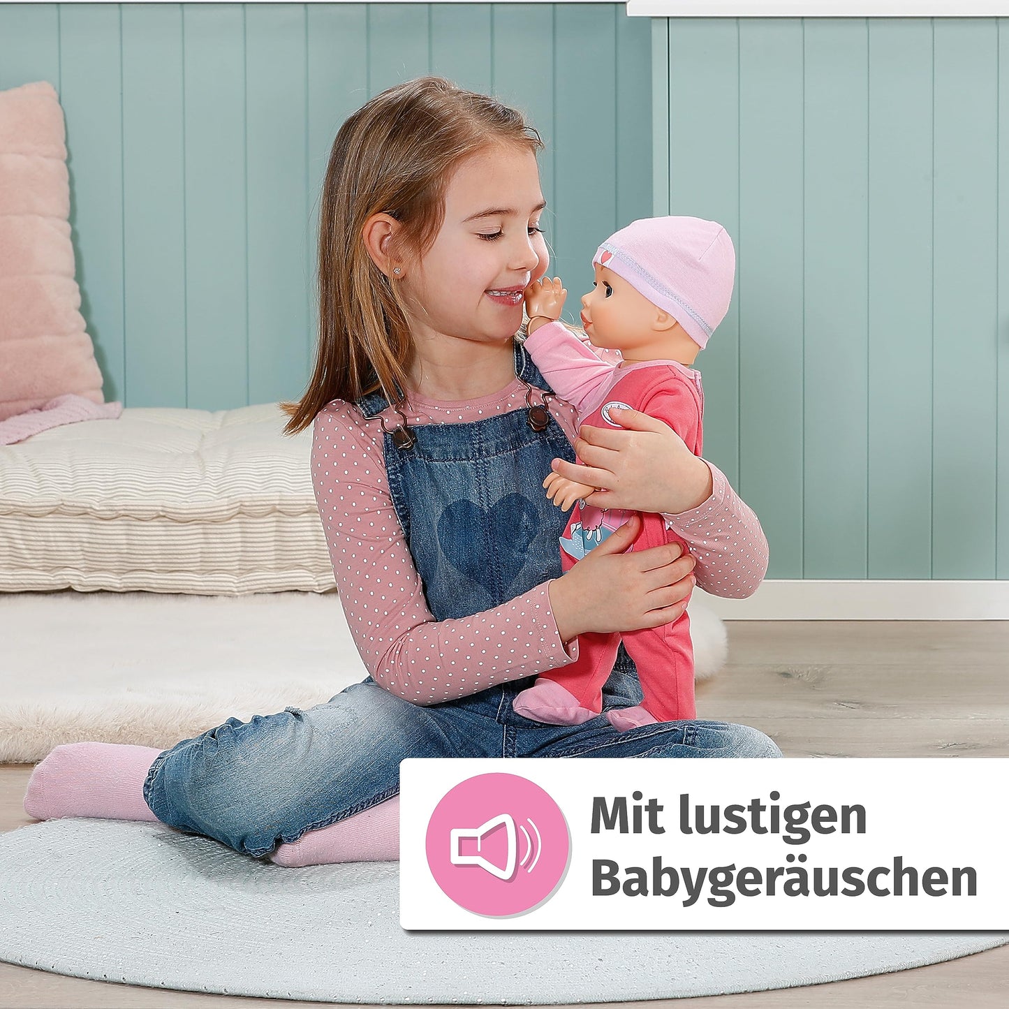Baby Annabell Emily - Păpușă de mers și târât, 43 cm, cu sunete, salopetă roz și căciuliță, 710623 Zapf Creation