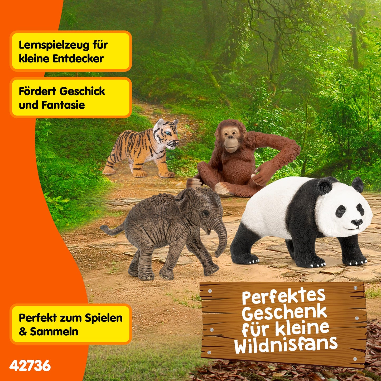 Schleich WILD LIFE Asien Set de pornire cu 4 piese cu elefant, panda, tigru și maimuță cu braț mobil pentru copii de la 3 ani