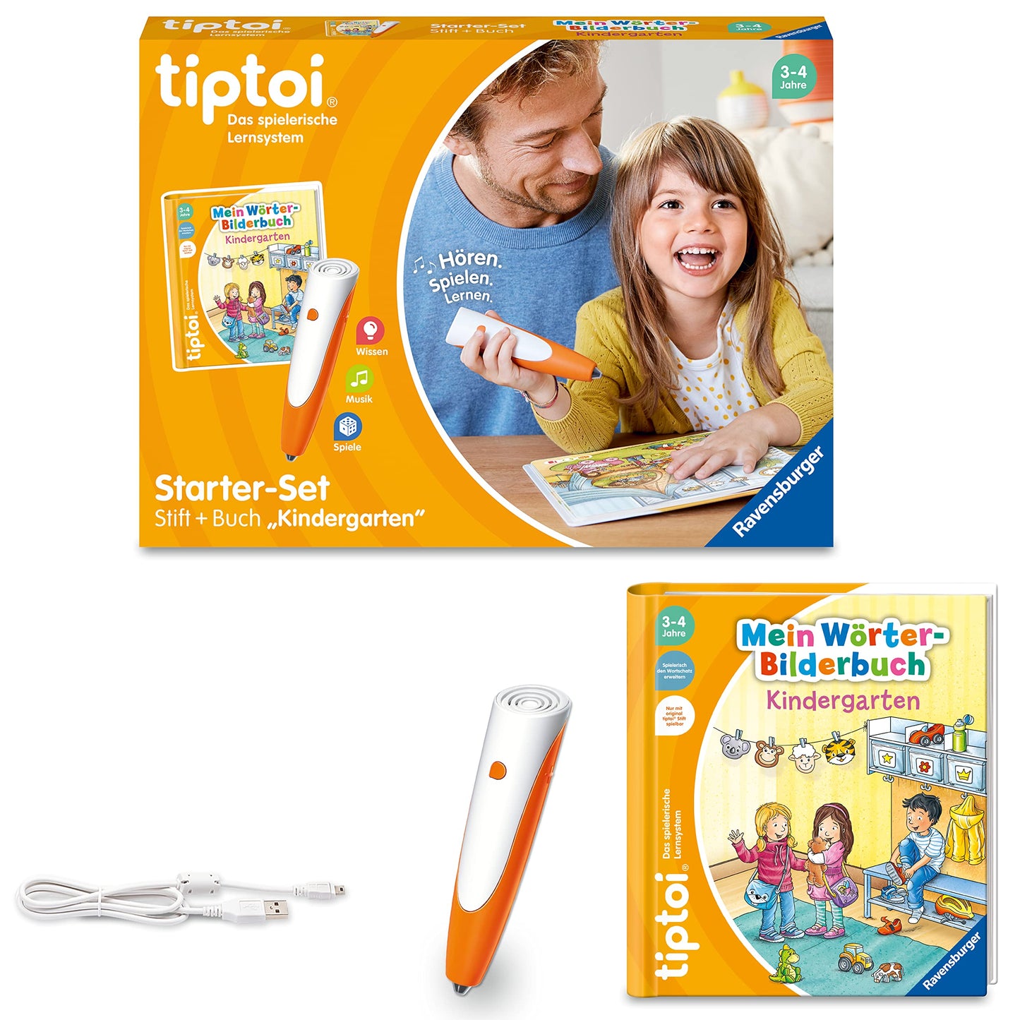 Ravensburger tiptoi Stilou și carte cu imagini pentru grădiniță - Jucărie educativă pentru copii de la 3 ani - Stilou cu audio de calitate superioară, acumulator și husă cu prindere moale - Verde, Portocaliu, Argintiu - 00113