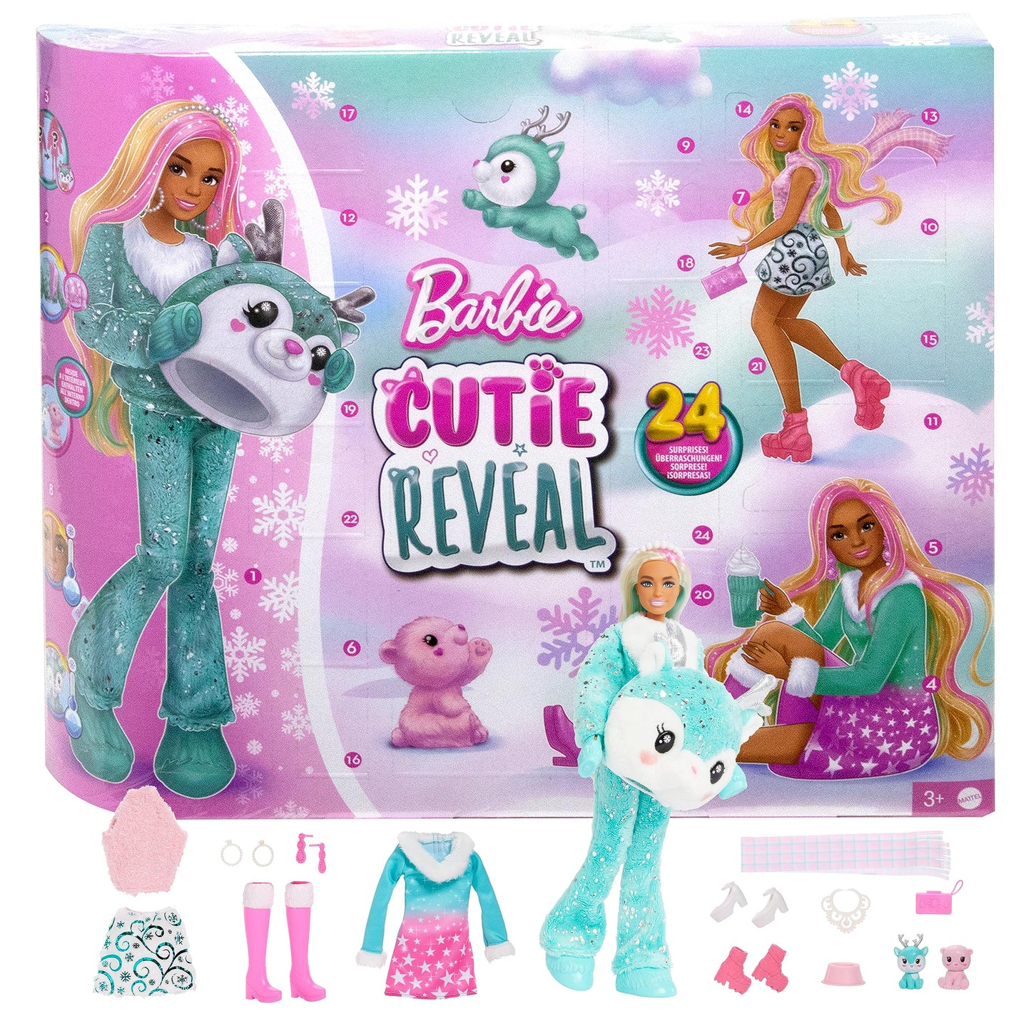 Barbie Cutie Reveal Calendar de Advent - 24 Surprize, Păpușă, Ren Strălucitor, Îmbrăcăminte de Iarnă, Accesorii, Mini Animaluțe, pentru Copii de la 3 Ani, HJX76