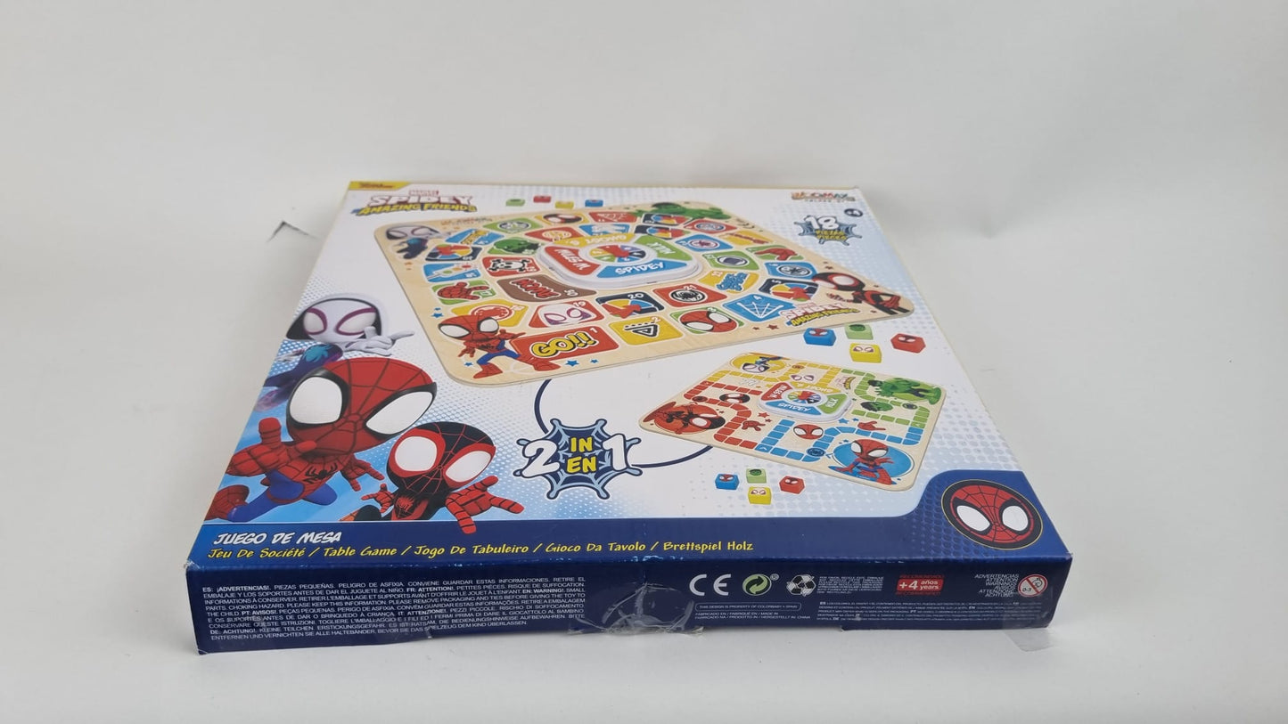 WOOMAX 48753 - Spidey și super echipa sa. Jocuri de masă 2 în 1 pentru copii, Jocul rațelor și parchis pentru copii, jocuri pentru copii, jucării pentru copii, Cadouri pentru copii.