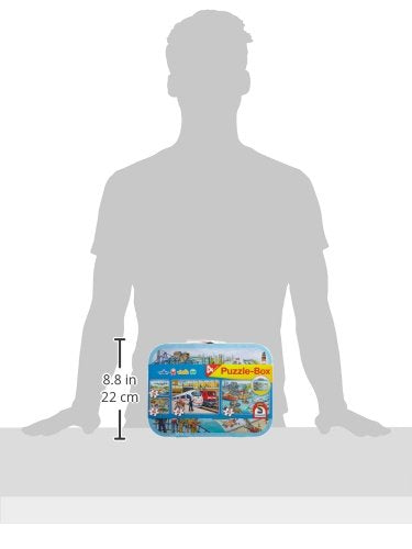 Schmidt Spiele 56508 Vehicule, 4 Puzzle pentru copii în cutie metalică, 2x26 și 2x48 piese