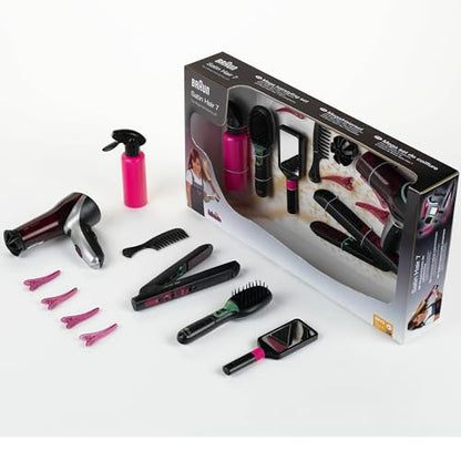 Set Mega Theo Klein 5885 cu Placa de Păr, Perie și Uscător de Păr - Jucărie pentru Copii de la 3 Ani, Dimensiuni: 49,5 cm x 8 cm x 26 cm