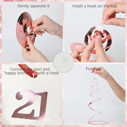 Decorațiuni pentru 21 de ani pentru ea, banner roșu-auriu pentru 21 de ani, decorațiuni de petrecere pentru 21 de ani, inclusiv banner, șir de steaguri, spirale suspendate, steaguri triunghiulare.
