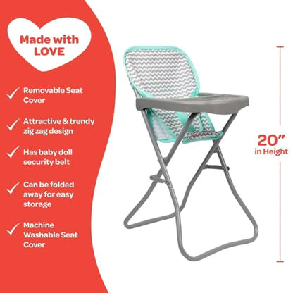 Scaun pliabil pentru păpuși Adora Baby Doll cu model zig-zag trendy și curea de siguranță, potrivit pentru majoritatea jucăriilor de pluș, animale de pluș și păpuși de până la 16 inch, cadou de ziua de naștere pentru vârste de 3 ani și peste.