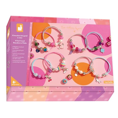 Janod - 8 Bijuterii Feel Good de Facut Acasă - Set DIY pentru Brățări - Activitate Creativă pentru Copii - Învățare a Abilităților și Concentrației - Recomandat de la 8 Ani - J09133