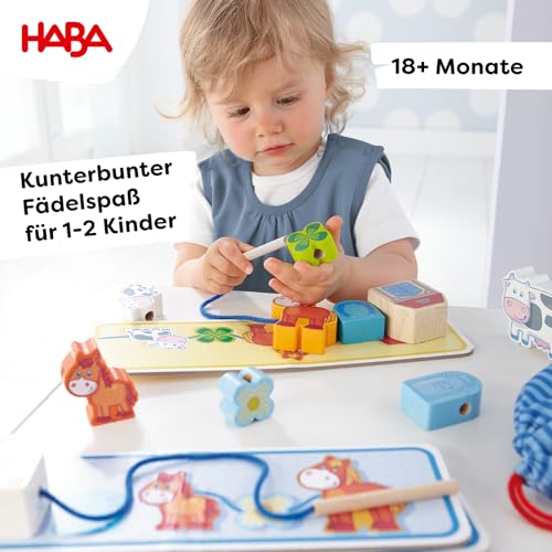 HABA 5580 - Prima mea lume de joc Ferma, joc de șnuruit pe teme de fermă, joc educativ și jucărie motrică pentru copii de la 18 luni, jucărie din lemn.