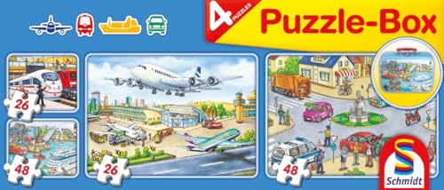 Schmidt Spiele 56508 Vehicule, 4 Puzzle pentru copii în cutie metalică, 2x26 și 2x48 piese