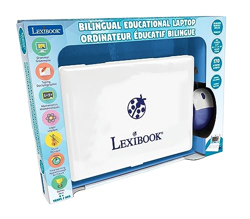 Computer de învățare Lexibook, bilingv, franceză/engleză, jucărie pentru copii, 170 activități pentru învățarea limbilor, matematică, logică și distracție, display mare, unic, JC599i1, alb.