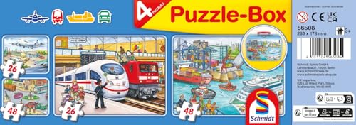 Schmidt Spiele 56508 Vehicule, 4 Puzzle pentru copii în cutie metalică, 2x26 și 2x48 piese
