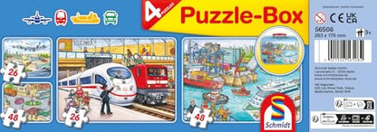 Schmidt Spiele 56508 Vehicule, 4 Puzzle pentru copii în cutie metalică, 2x26 și 2x48 piese