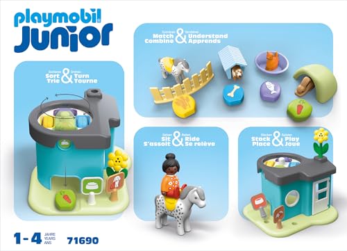 PLAYMOBIL JUNIOR | Adăpost pentru animale cu distribuitor de hrană | jucărie ecologică din plastice biobazate | pentru copii de la 1 an | 71690