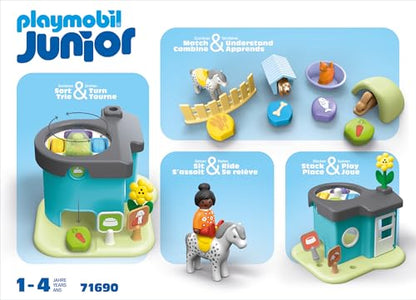 PLAYMOBIL JUNIOR | Adăpost pentru animale cu distribuitor de hrană | jucărie ecologică din plastice biobazate | pentru copii de la 1 an | 71690