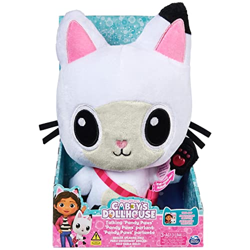 Gabby's Dollhouse, pisica pufoasă Talking Pandy Paws de 33 cm, cu lumini, 2 melodii în engleză și 10 sunete, potrivită pentru copii de la 3 ani.