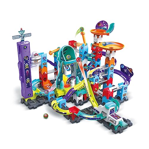 VTech - Marble Rush, Pista cu bile electronice, Set misiune magnetică spațială XL300E, joc magnetic, 120 piese, 10 bile, cadou pentru copii de la 4 ani – conținut în limba franceză