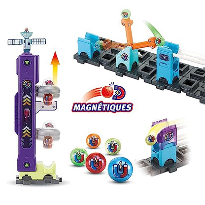 VTech - Marble Rush, Pista cu bile electronice, Set misiune magnetică spațială XL300E, joc magnetic, 120 piese, 10 bile, cadou pentru copii de la 4 ani – conținut în limba franceză