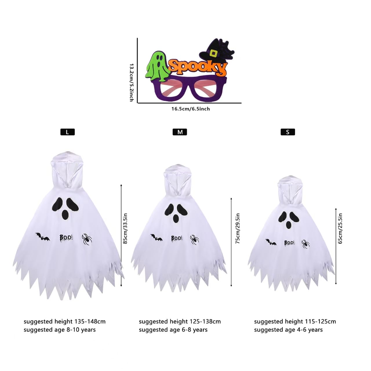 Costum de fantomă pentru copii Kinwers, alb, Halloween, cu ochelari luminoși, pentru înălțimi de 105-115 cm.