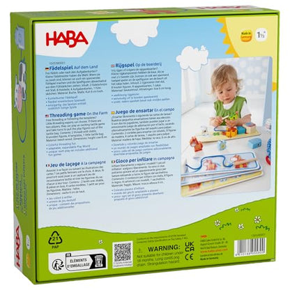 HABA 5580 - Prima mea lume de joc Ferma, joc de șnuruit pe teme de fermă, joc educativ și jucărie motrică pentru copii de la 18 luni, jucărie din lemn.
