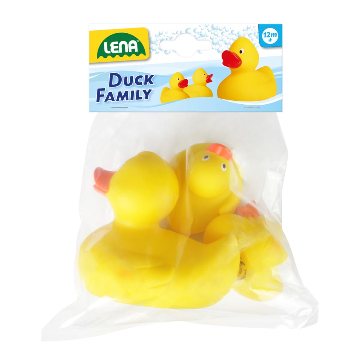 Lena 65543 Set de 3 rațe familie, rață mamă 11 cm și 2 rățuște 5 cm, jucărie pentru baie, rață de baie pentru copii de la 12 luni, galben