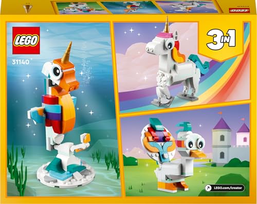 LEGO Creator 3-in-1 Unicorn Magic - Jucărie cu Minifigurine - Figurina de animal se transformă într-un Seahorse sau un Păun - 31140
