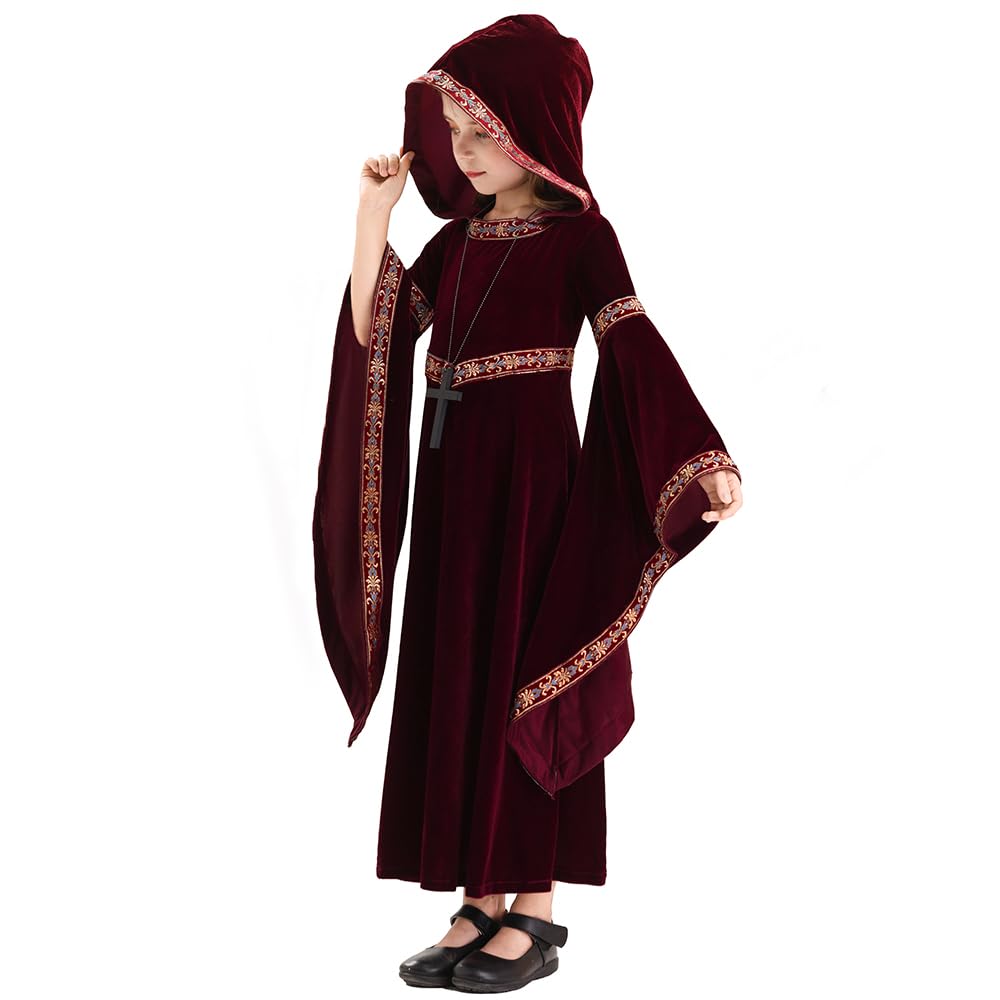 Costum Feynman pentru fete - Rochie medievală de prințesă, stil renascentist, pentru Halloween, roșu vin