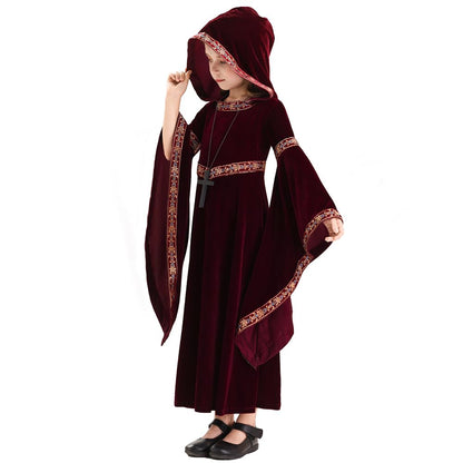 Costum Feynman pentru fete - Rochie medievală de prințesă, stil renascentist, pentru Halloween, roșu vin