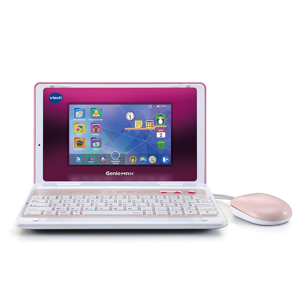 VTech Genio MAX - Primul meu adevărat computer roz metalic, laptop pentru copii cu ecran color de 7 inch, mouse, 60 de activități educaționale și jocuri, cadou pentru copii de 5-12 ani.