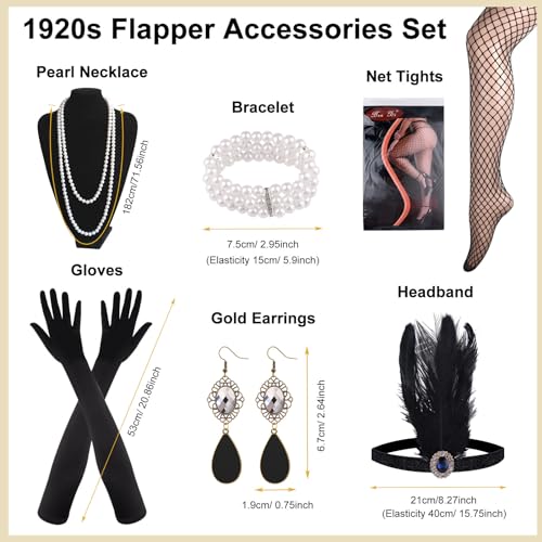 Rochie Flapper cu paiete și mărgele PLULON 1920, set accesorii anii '20 (neagră)