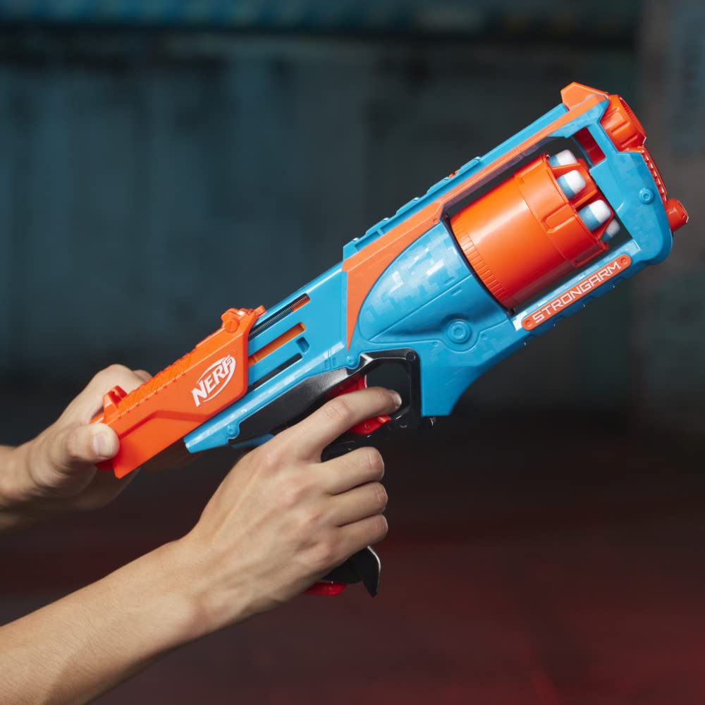 Nerf Elite Strongarm Blaster portocalie – tambur rotativ, foc rapid, 6 săgeți Nerf Elite – pentru copii, adolescenți, adulți