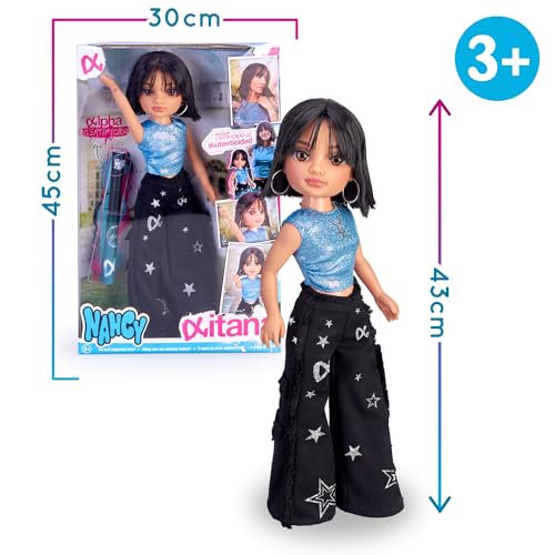 Nancy Aitana, păpușa ca artista, păr castaniu scurt cu breton, set Era Alpha de La Babys, cu accesorii și detalii autentice, pentru băieți și fete de la 3 ani, Famosa (NAC60000)