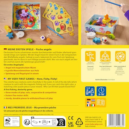 HABA Pești de prins – Primele mele jocuri – Joc de pescuit din lemn pentru copii de la 2 ani – Dezvoltă motricitatea fină, jocul liber, învățarea și diferențierea culorilor – 1004983001
