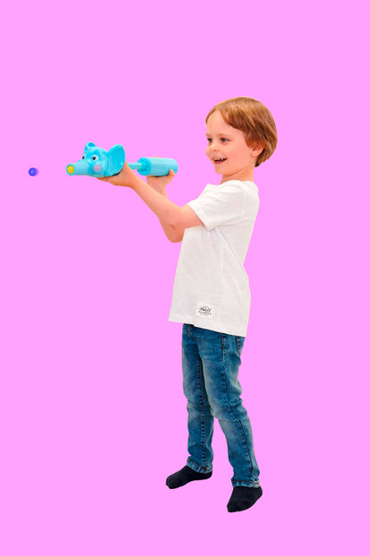 Poppimals Elefant Ballkanone (35 cm) - jucărie amuzantă pentru copii de la 3 ani, cu 20 de mingi colorate și mecanism de pompare.