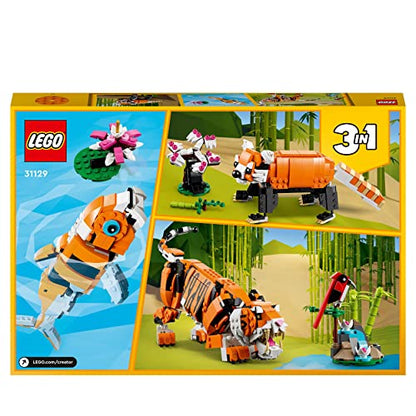 LEGO 31129 Creator Tiger, Panda sau Pește, Set 3-in-1 de Figurine Animale, Jucărie pentru Copii, Băieți și Fete, Jucărie de Construcție cu Animale