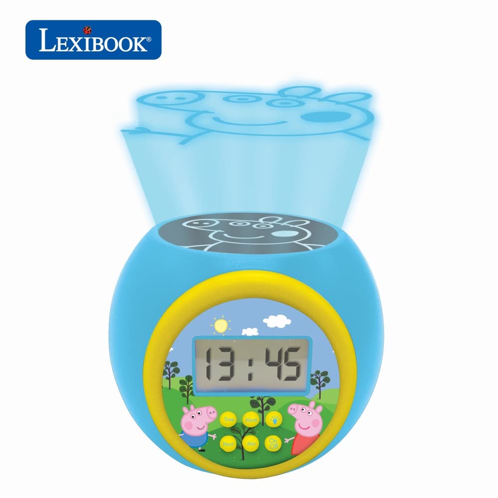 Ceas deșteptător Lexibook cu proiector Peppa Pig, funcție de repetare și alarmă, lumină de noapte cu temporizator, ecran LCD, baterie, albastru/galben LEXIB