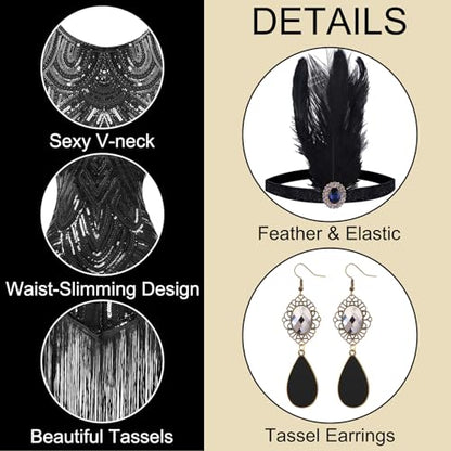 Rochie Flapper cu paiete și mărgele PLULON 1920, set accesorii anii '20 (neagră)
