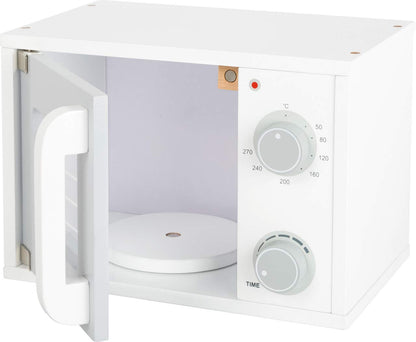 Microunde din lemn pentru copii Small Foot, cu butoane rotative și ușă cu închidere magnetică, recomandată de la 3 ani, 11184, multicolor.