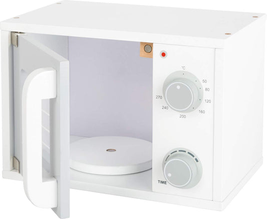 Microunde din lemn pentru copii Small Foot, cu butoane rotative și ușă cu închidere magnetică, recomandată de la 3 ani, 11184, multicolor.