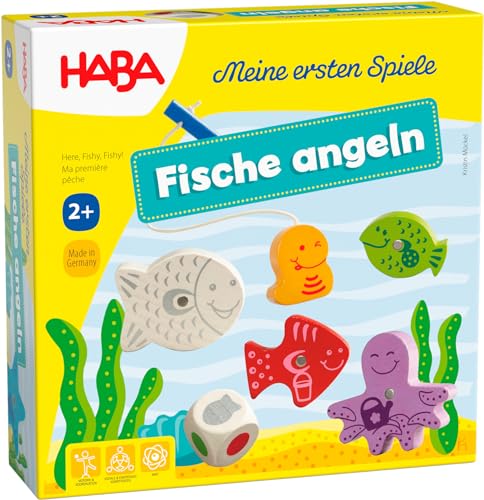 HABA Pești de prins – Primele mele jocuri – Joc de pescuit din lemn pentru copii de la 2 ani – Dezvoltă motricitatea fină, jocul liber, învățarea și diferențierea culorilor – 1004983001