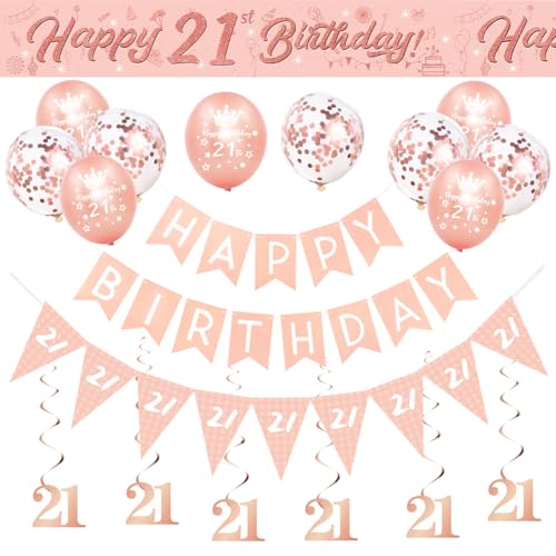 Decorațiuni pentru 21 de ani pentru ea, banner roșu-auriu pentru 21 de ani, decorațiuni de petrecere pentru 21 de ani, inclusiv banner, șir de steaguri, spirale suspendate, steaguri triunghiulare.
