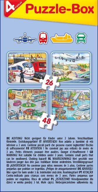 Schmidt Spiele 56508 Vehicule, 4 Puzzle pentru copii în cutie metalică, 2x26 și 2x48 piese