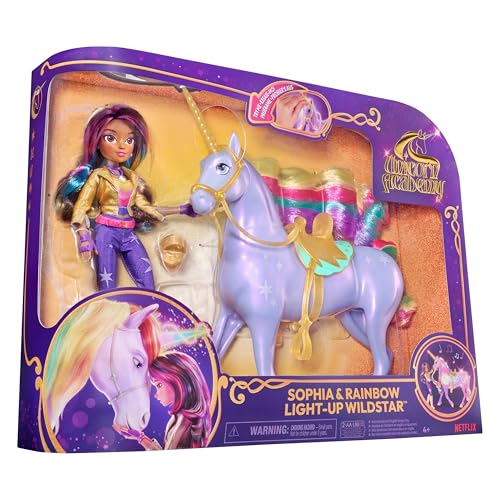 Academia Unicornilor - Sophia și Magia Luminii Wildstar - Unicorn de 28 cm cu efecte de lumină și sunet și păpușă de 24 cm complet mobilă, inspirată de seria Netflix, pentru copii de la 4 ani.