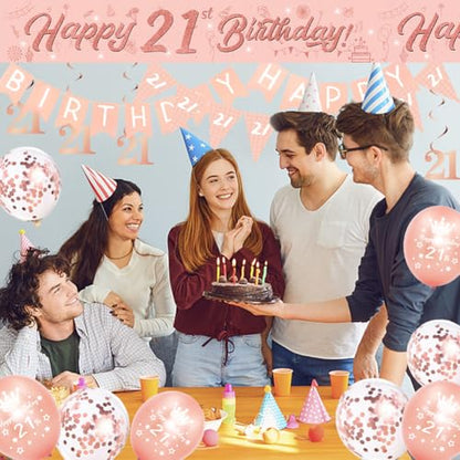 Decorațiuni pentru 21 de ani pentru ea, banner roșu-auriu pentru 21 de ani, decorațiuni de petrecere pentru 21 de ani, inclusiv banner, șir de steaguri, spirale suspendate, steaguri triunghiulare.