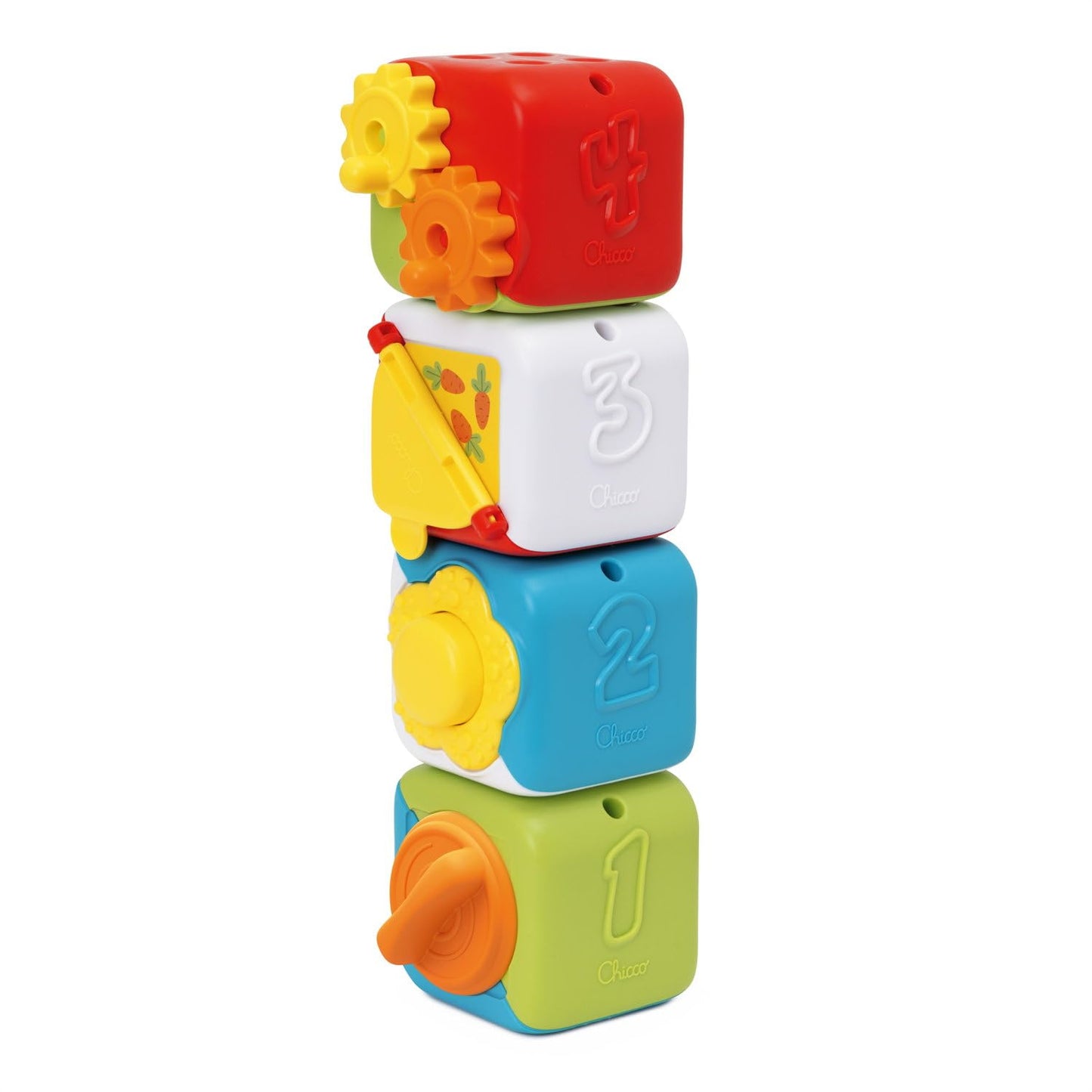 Cub multifuncțional 2 în 1 Chicco, set cu 4 blocuri colorate de animale, stivuite pentru distracție senzorială, activități manuale și logice, jucărie pentru copii 10-36 luni.